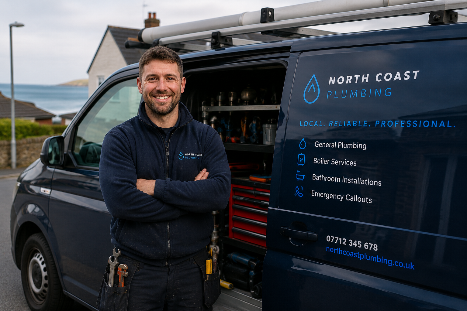 North Coast Plumbing work van on a coastal road